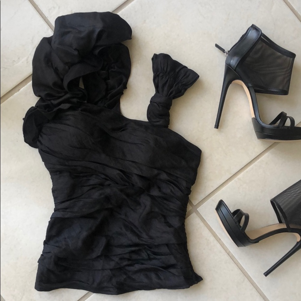 Bebe Asymmetrical Ruffle Sleeve Top